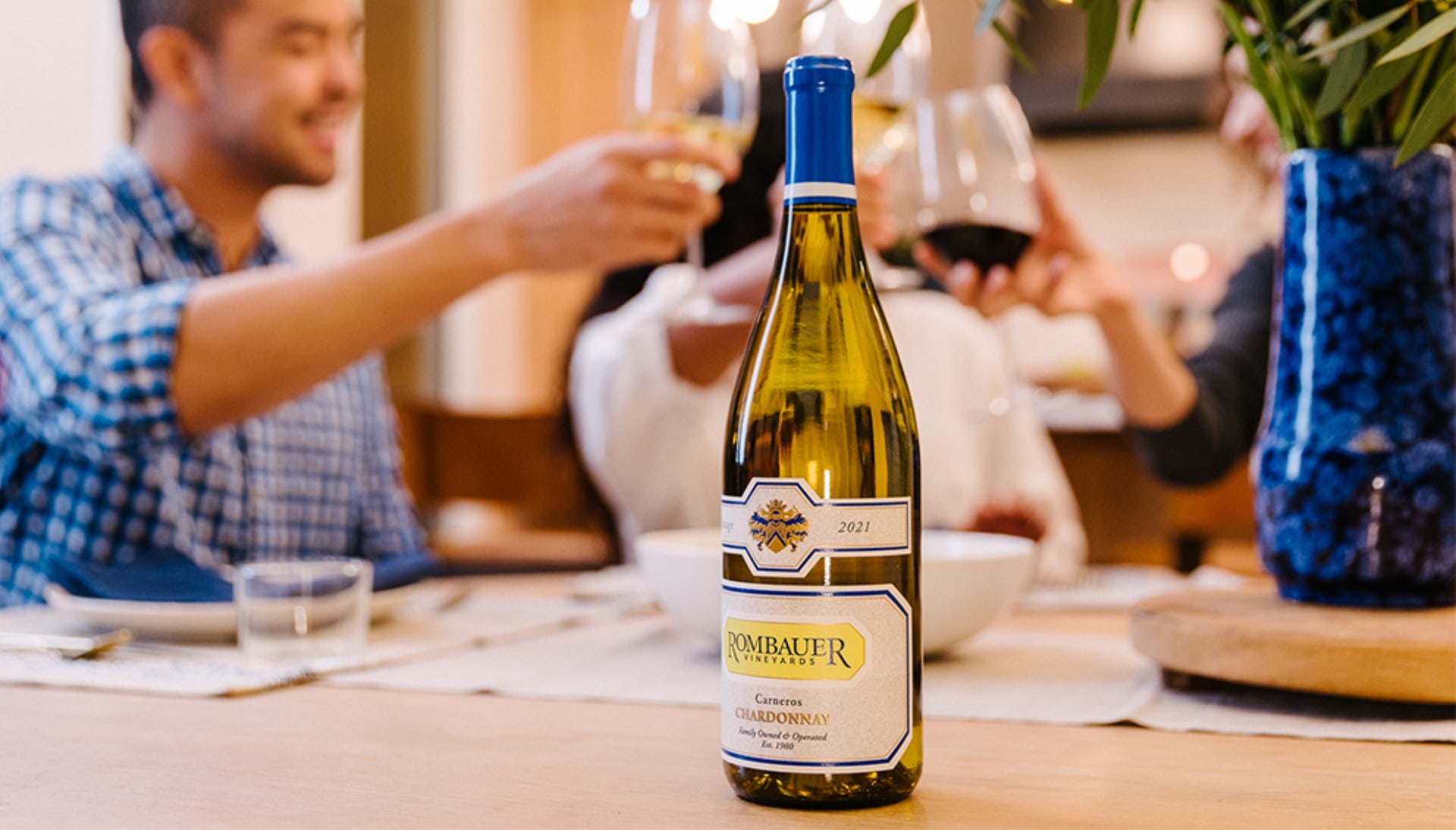 A bottle of white Rombauer wine